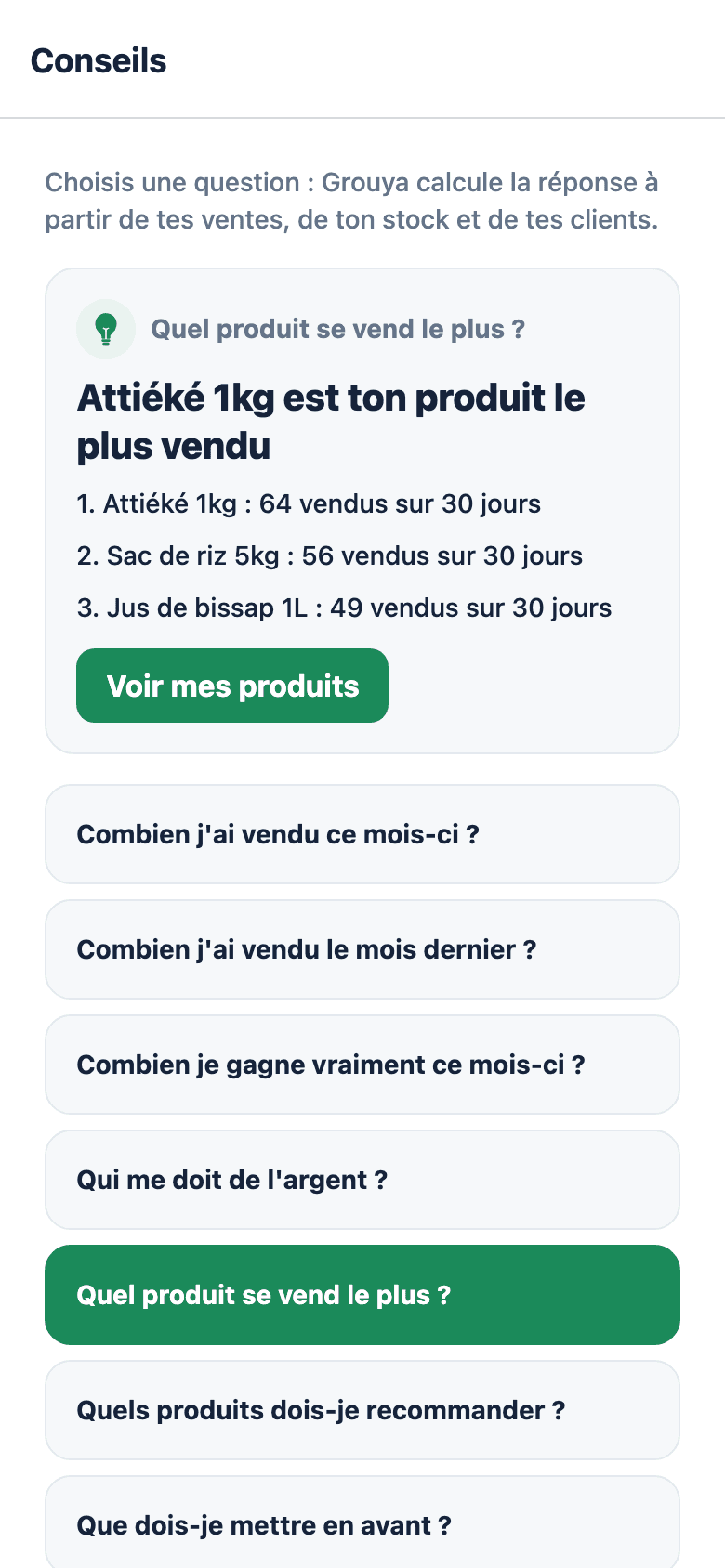 Conseils calculés sur les propres données du commerçant